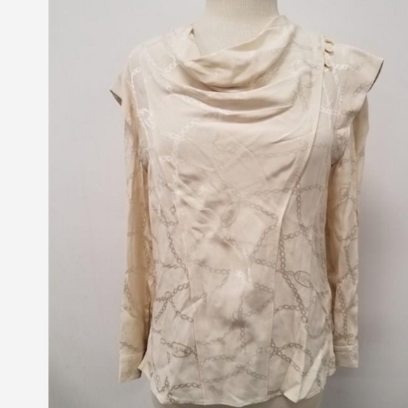 Coach 1941 Cream Satin Neutral Chain Jacquard Cowl Neck Long Sleeve Blouse Shirt - Picture 3 of 7
